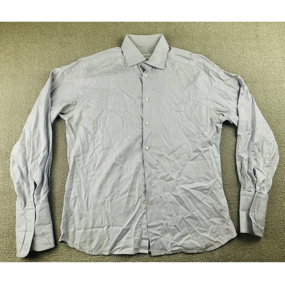 Armani Collezioni Dress Shirt Men 39/15.5 L Blue Classic Striped Cotton Formal
